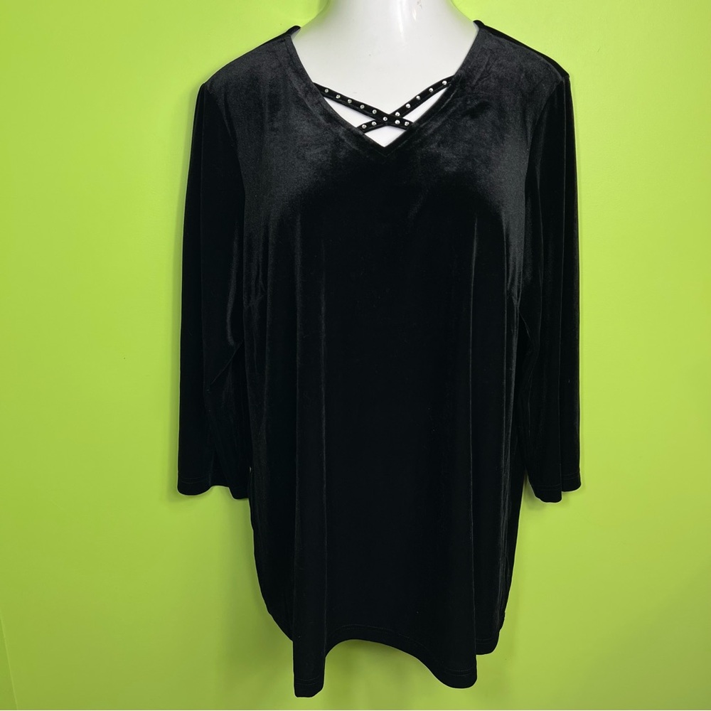 Quacker Factory Velour V-Neck Tunic Top BLACK size 1X NWT